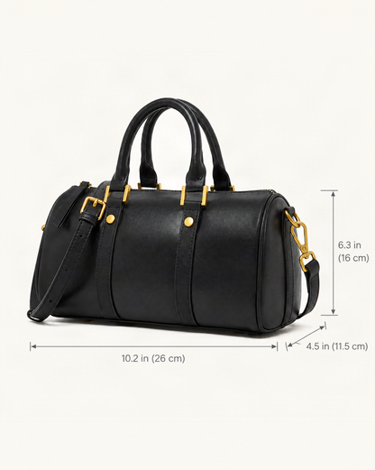 Cowhide Leather Small Boston Bag Top Handle Crossbody dimensions diagram, in inches and centimetres