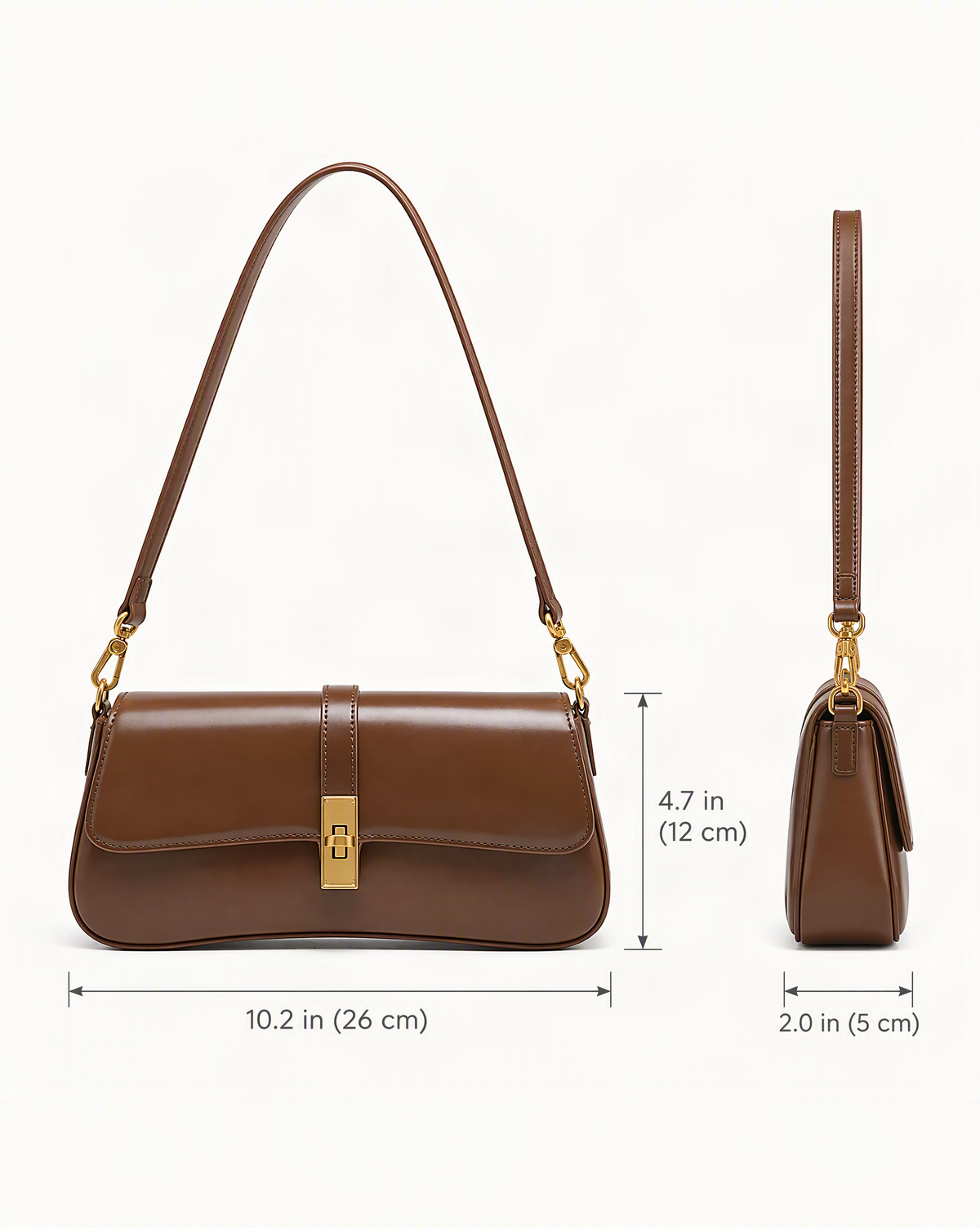 Cowhide Leather Small Shoulder Bag with Turn-Lock Closure dimensions diagram, in inches and centimetres