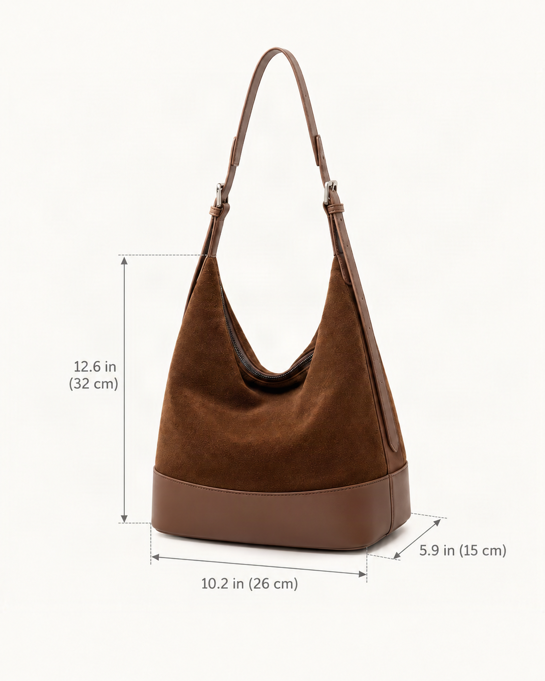 Suede Leather Small Shoulder Bucket Bag dimensions diagram, in inches and centimetres