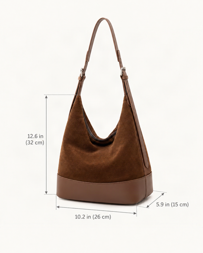Suede Leather Small Shoulder Bucket Bag dimensions diagram, in inches and centimetres