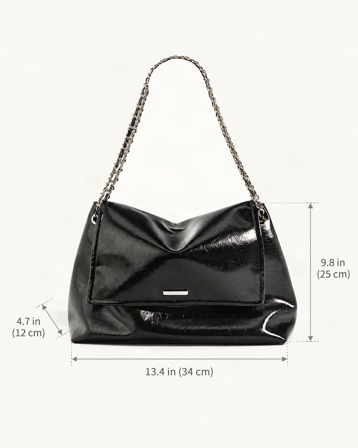 Cowhide Leather Soft Chain Shoulder Bag – Horizontal Tote dimensions diagram, in inches and centimetres