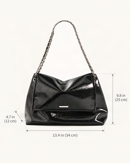 Cowhide Leather Soft Chain Shoulder Bag – Horizontal Tote dimensions diagram, in inches and centimetres