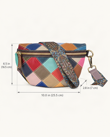 Top-Grain Cowhide Small Crossbody Bag dimensions diagram, in inches and centimetres