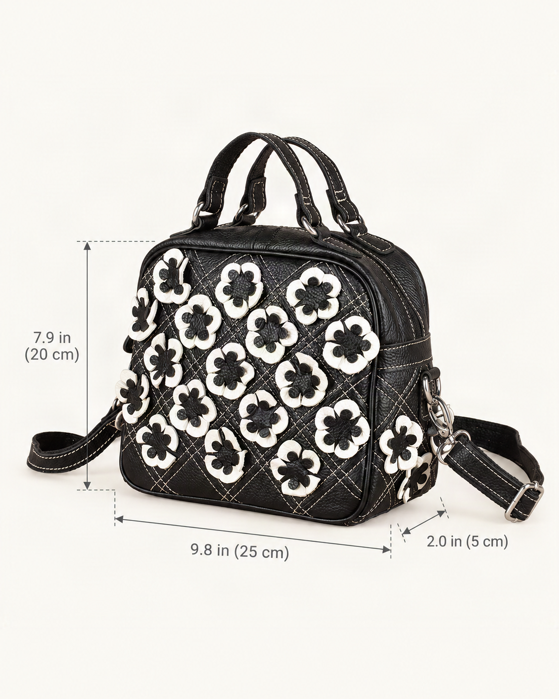 Top-Grain Cowhide Shoulder Crossbody Bag dimensions diagram, in inches and centimetres