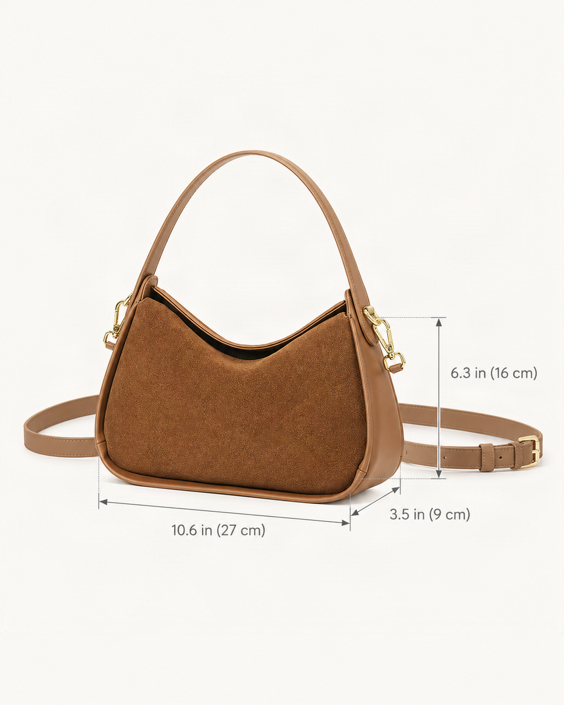 Suede Cowhide Small Plus Shoulder Bag dimensions diagram, in inches and centimetres