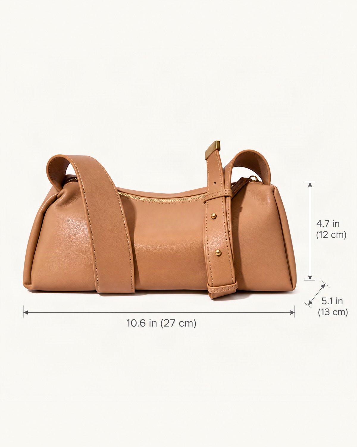 Cowhide Soft Pillow Crossbody Bag with Adjustable Wide Strap dimensions diagram, in inches and centimetres
