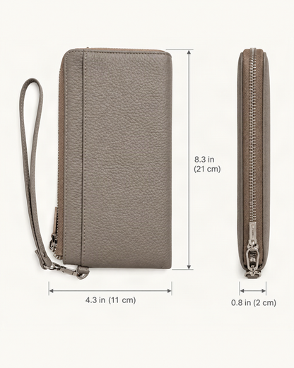 RFID-Blocking Pebbled Cowhide Long Zip Clutch dimensions diagram, in inches and centimetres
