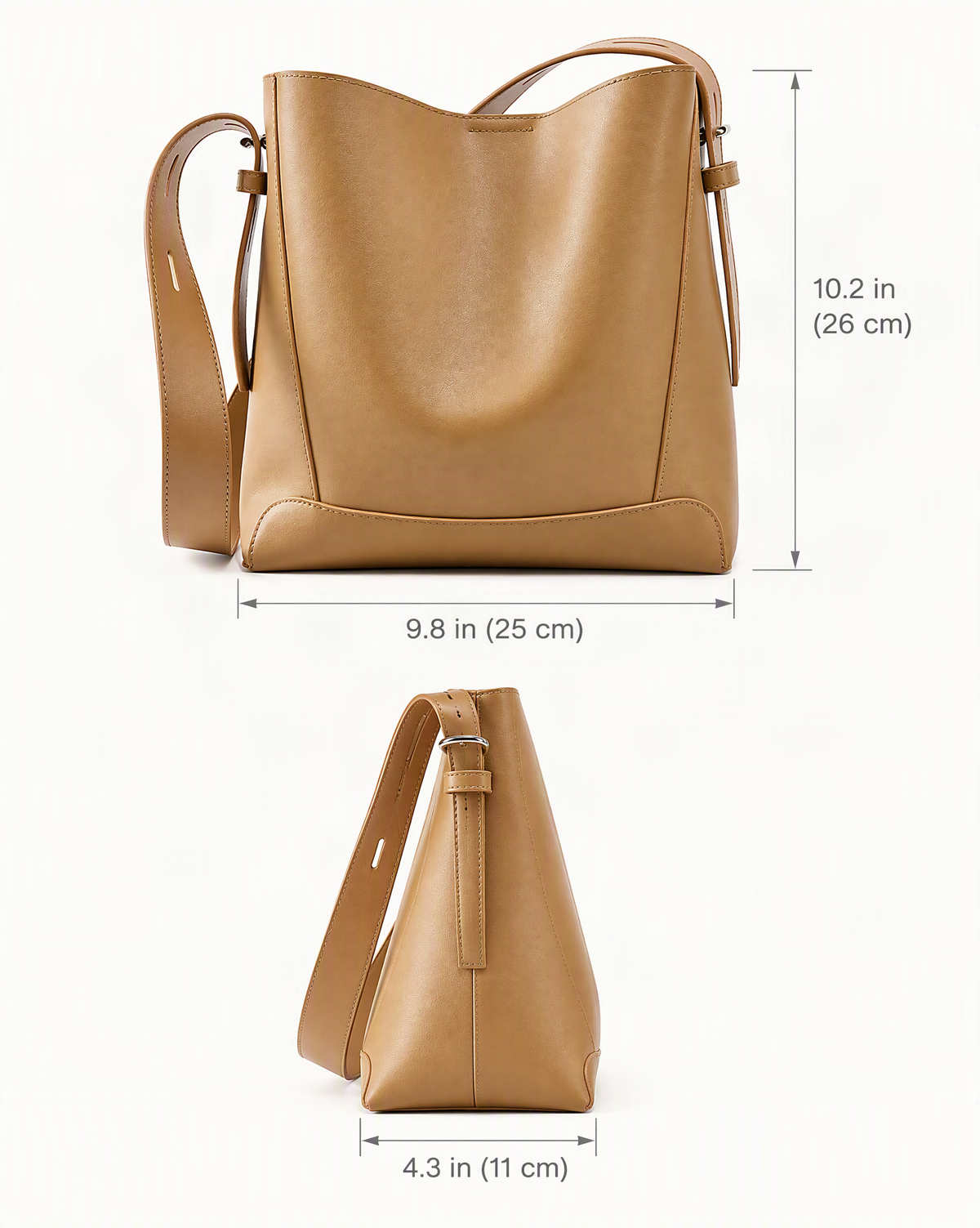 Genuine Leather Bucket Bag - Small Capacity Crossbody dimensions diagram, in inches and centimetres