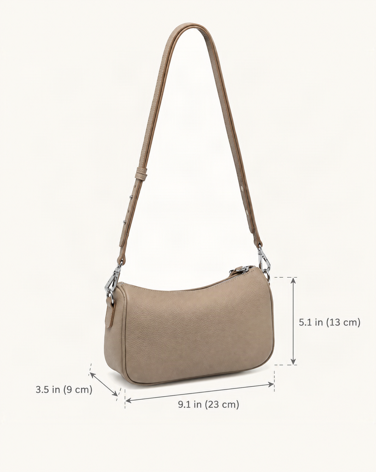 Pebbled Cowhide Leather Crossbody Bag dimensions diagram, in inches and centimetres