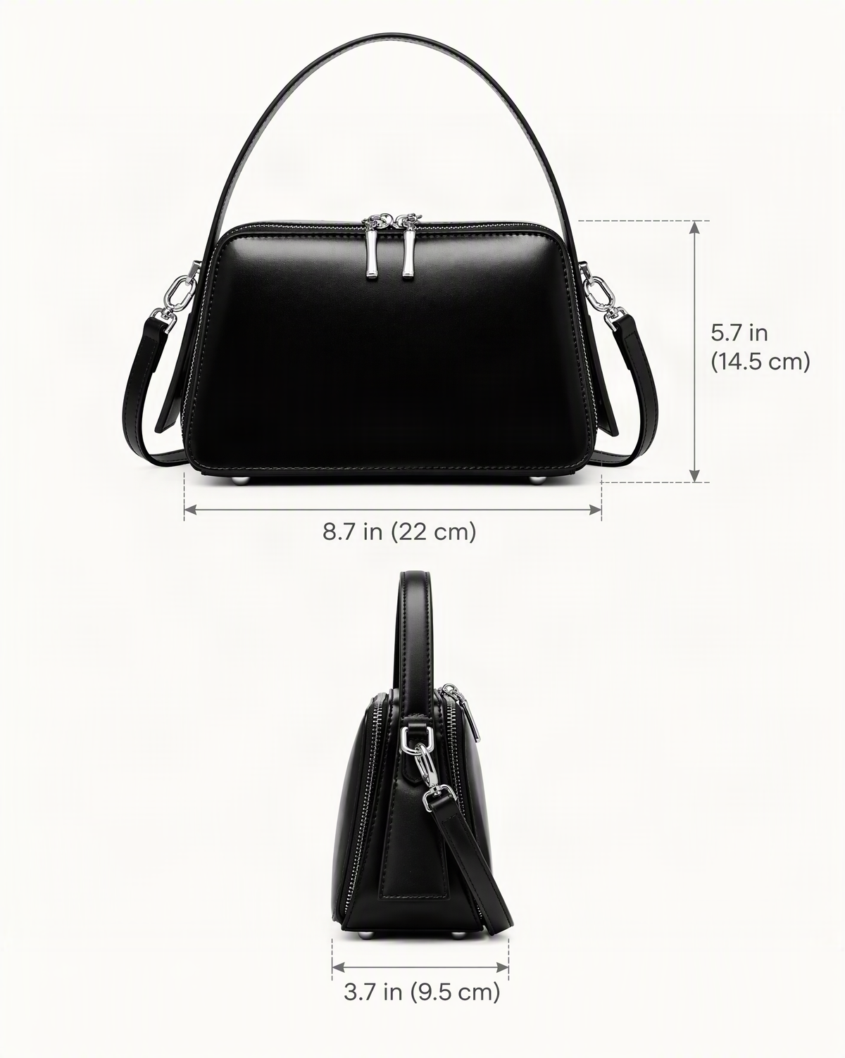 Cowhide Leather Small Crossbody Bag – Color Options dimensions diagram, in inches and centimetres