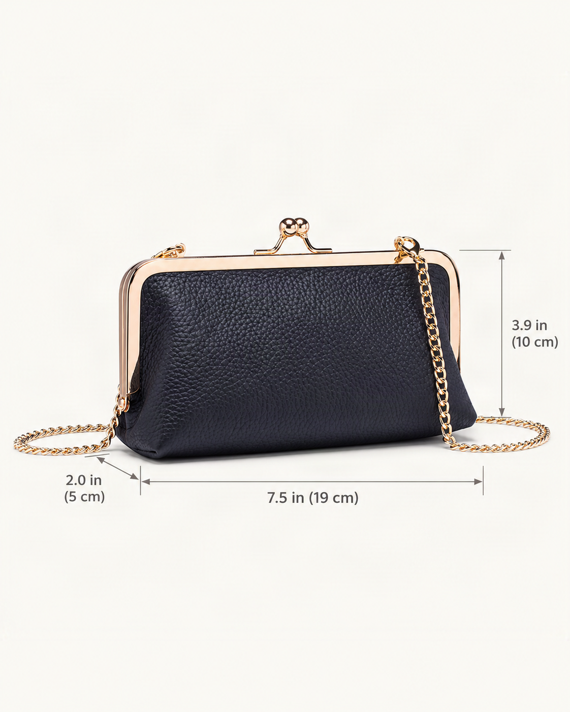 Top-Grain Cowhide Frame Crossbody Bag dimensions diagram, in inches and centimetres
