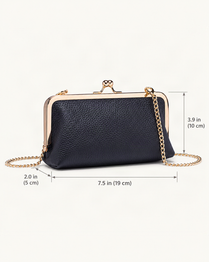 Top-Grain Cowhide Frame Crossbody Bag dimensions diagram, in inches and centimetres