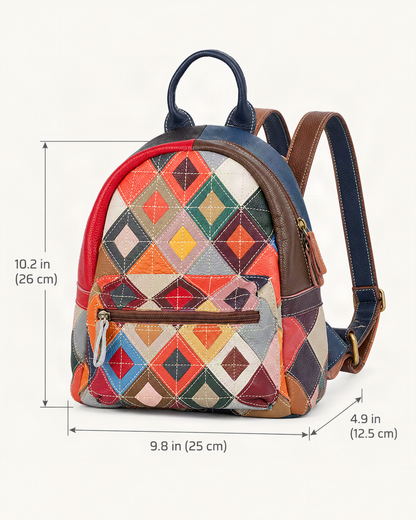 Top-Grain Cowhide Patchwork Backpack dimensions diagram, in inches and centimetres