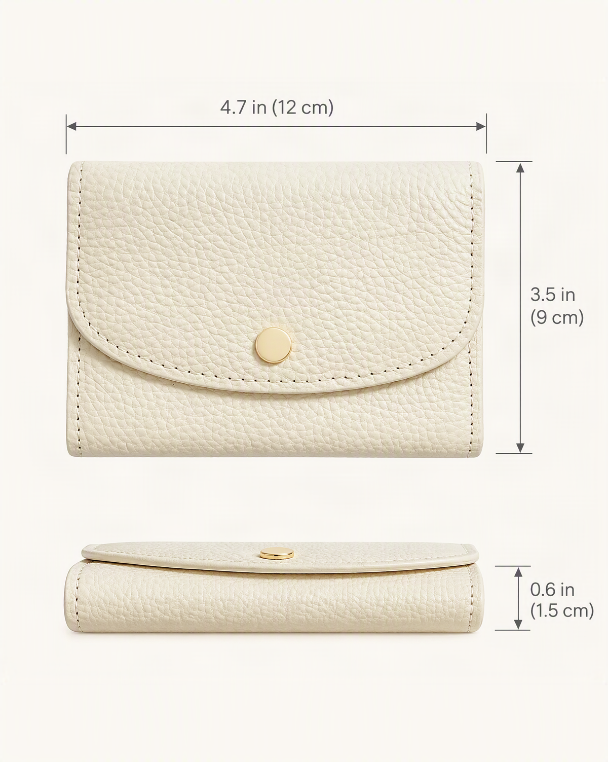 Cowhide Mini Coin Purse Wallet with RFID Card Slots dimensions diagram, in inches and centimetres