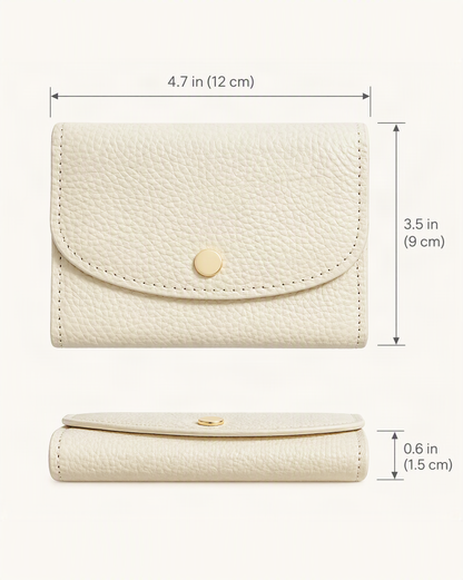 Cowhide Mini Coin Purse Wallet with RFID Card Slots dimensions diagram, in inches and centimetres