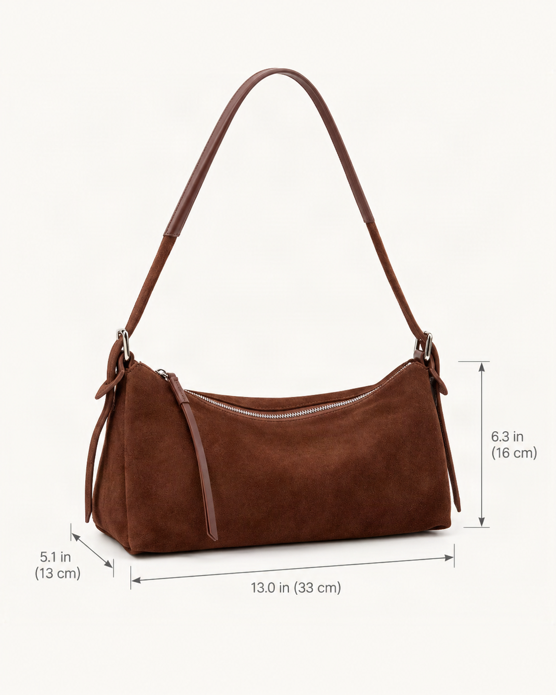 Suede Cowhide Shoulder Bag dimensions diagram, in inches and centimetres