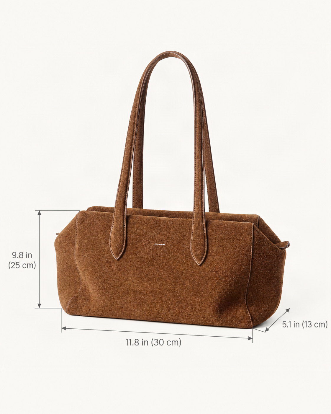 Suede Cowhide Small Plus Shoulder Tote Bag dimensions diagram, in inches and centimetres