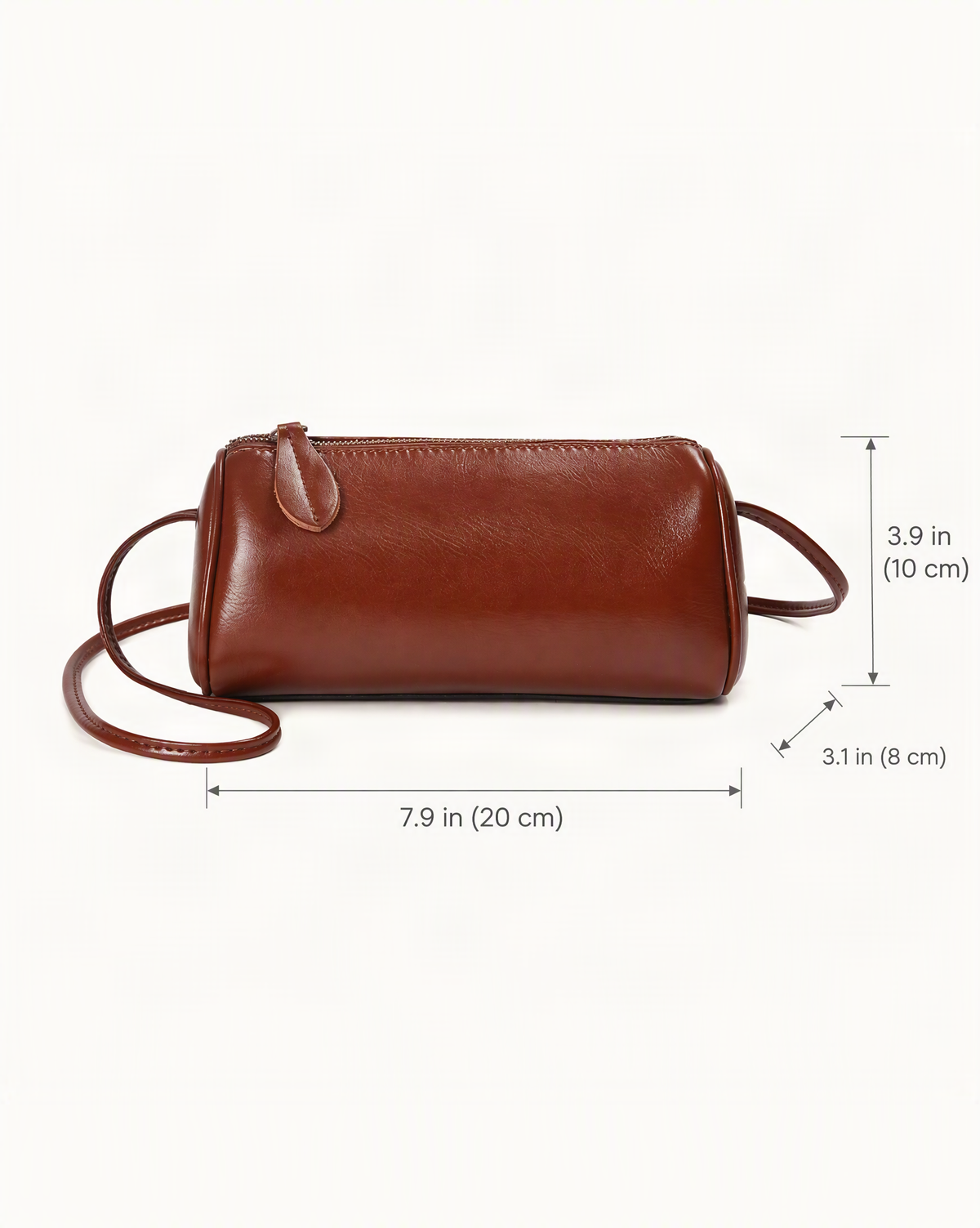 Top-Grain Cowhide Mini Barrel Crossbody Bag dimensions diagram, in inches and centimetres