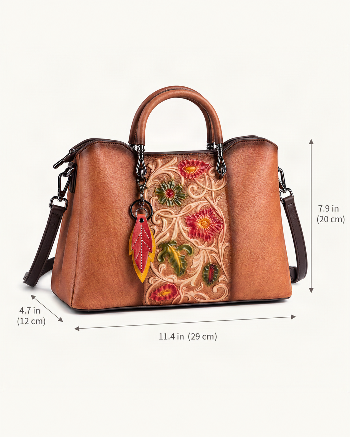 Top-Grain Cowhide Floral Crossbody Bag dimensions diagram, in inches and centimetres