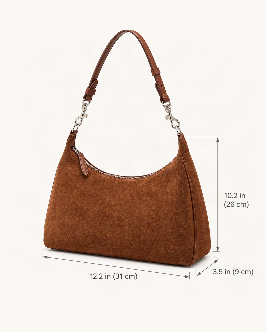 Cowhide Suede-Panel Shoulder Bag dimensions diagram, in inches and centimetres