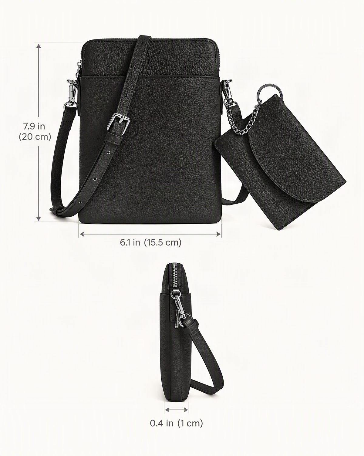 Top-Grain Cowhide Leather Mini Crossbody Phone Bag dimensions diagram, in inches and centimetres