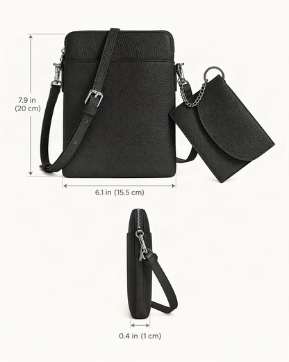 Top-Grain Cowhide Leather Mini Crossbody Phone Bag dimensions diagram, in inches and centimetres