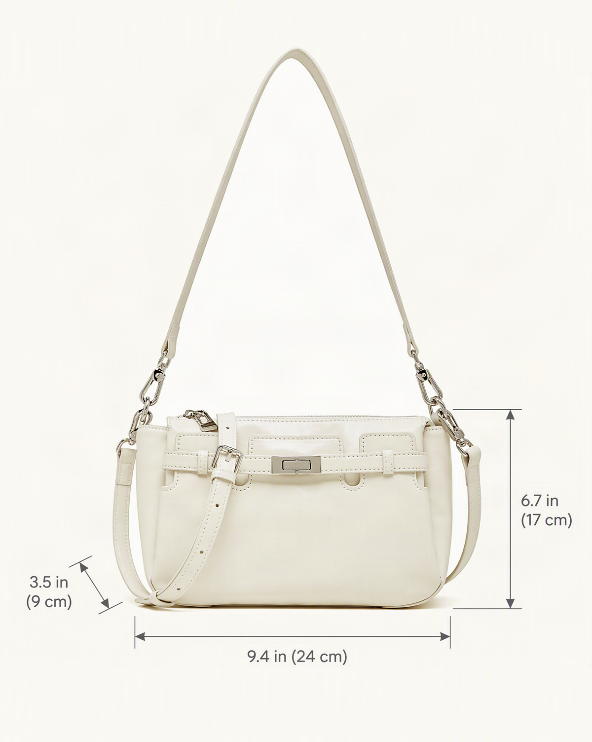 Top-Grain Waxed Leather Shoulder Bag with Adjustable Strap dimensions diagram, in inches and centimetres