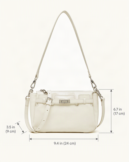 Top-Grain Waxed Leather Shoulder Bag with Adjustable Strap dimensions diagram, in inches and centimetres