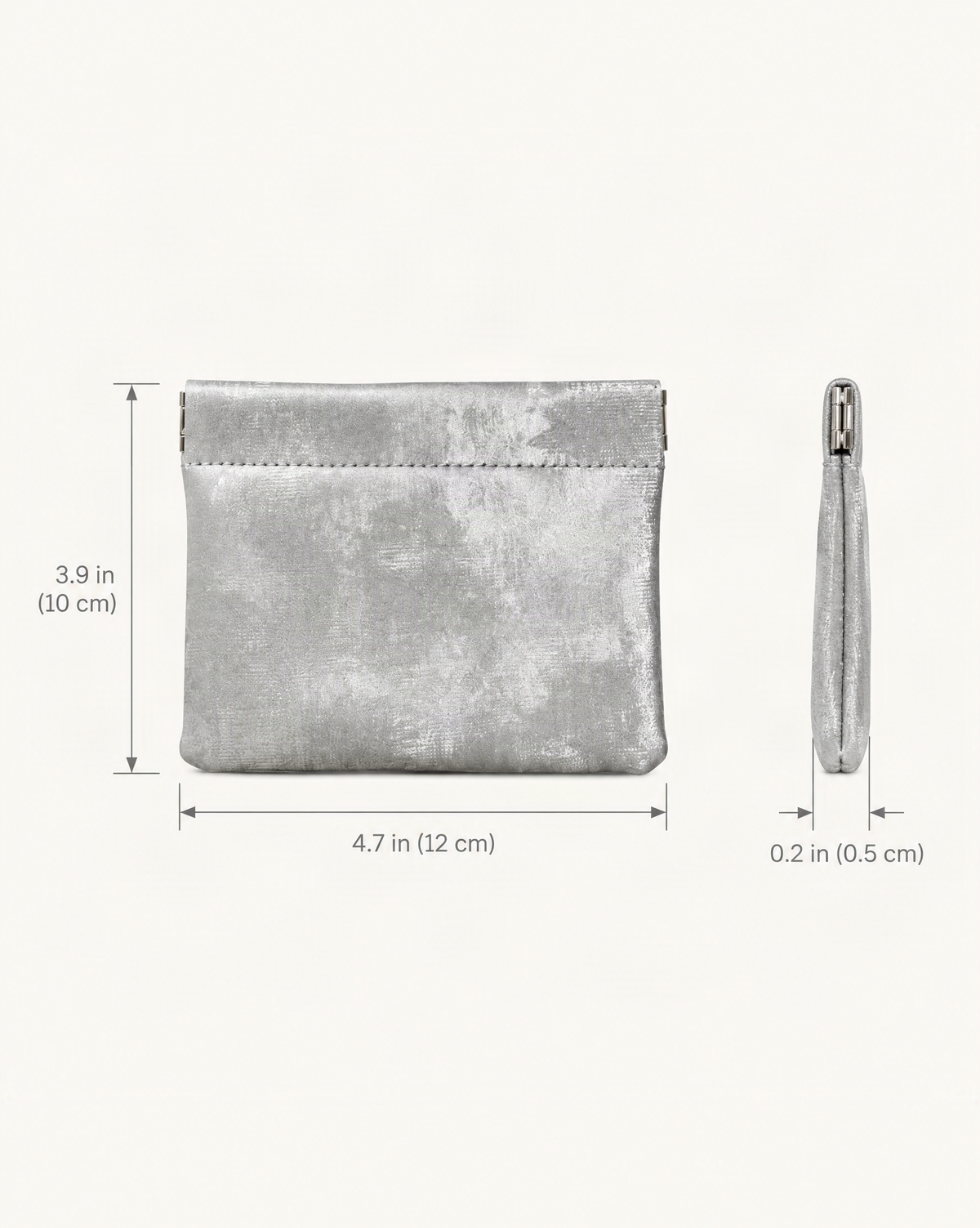 Satin Cowhide Mini Card Pouch with Spring Clasp Closure dimensions diagram, in inches and centimetres