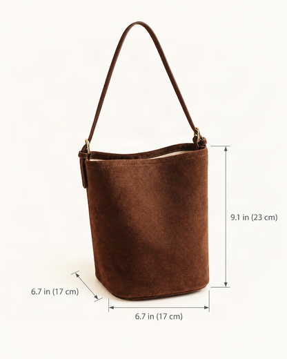 Suede Cowhide Bucket Shoulder Bag dimensions diagram, in inches and centimetres