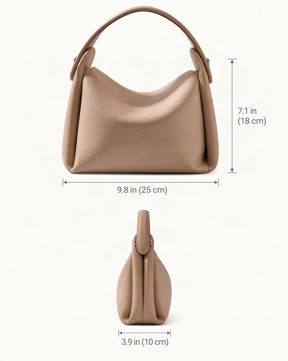 Pebbled Cowhide Leather Small Top-Handle Crossbody Bag dimensions diagram, in inches and centimetres