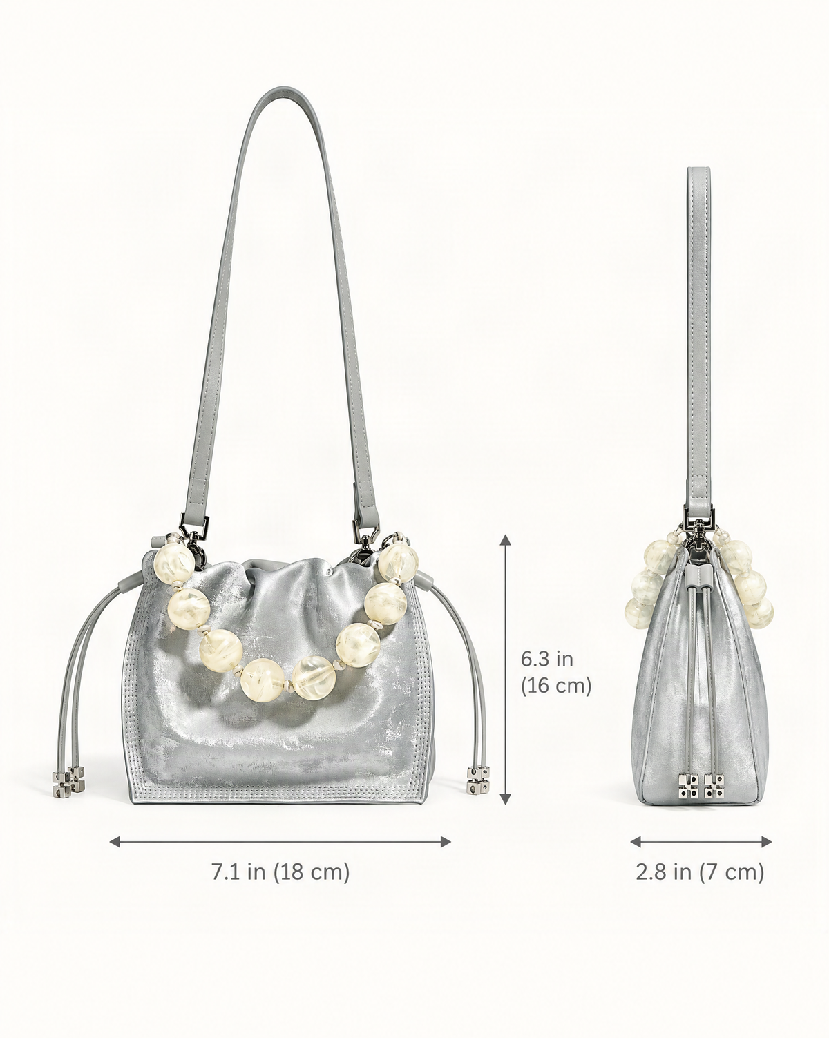 Cowhide Mini Bucket Bag Crossbody Drawstring Bead Handle dimensions diagram, in inches and centimetres