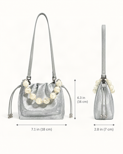 Cowhide Mini Bucket Bag Crossbody Drawstring Bead Handle dimensions diagram, in inches and centimetres