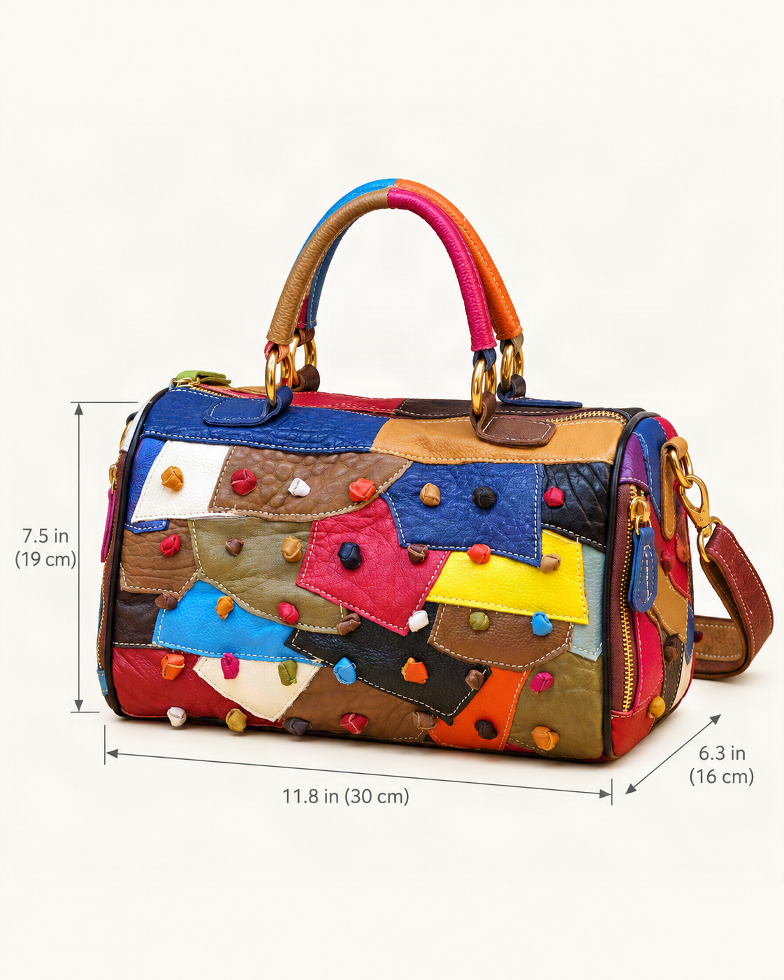 Top-Grain Cowhide Small Plus Boston Bag dimensions diagram, in inches and centimetres