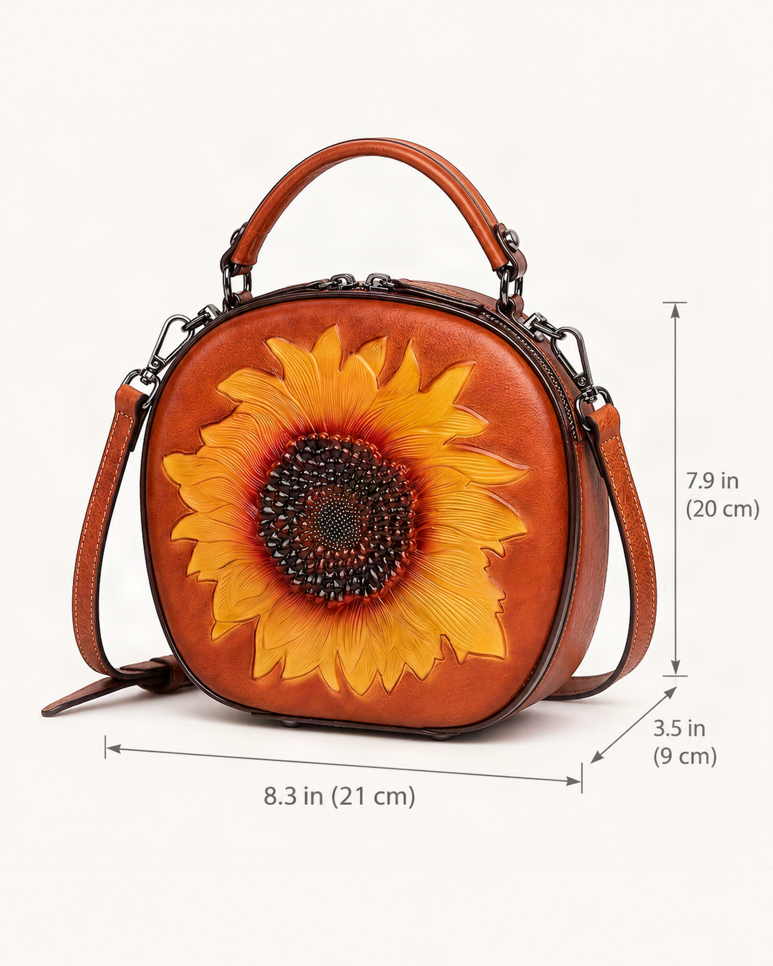 Top-Grain Cowhide Round Crossbody Bag dimensions diagram, in inches and centimetres
