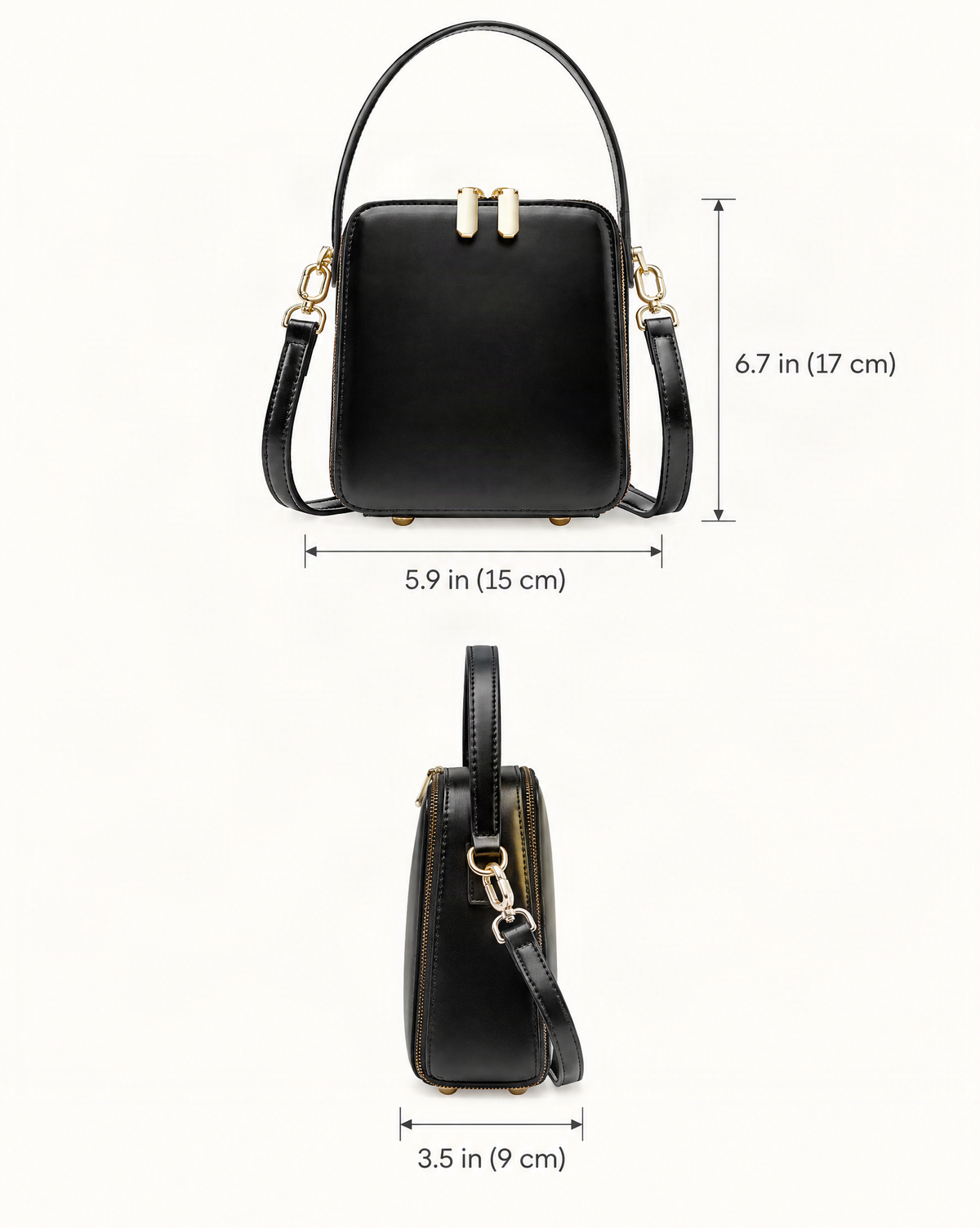 Cowhide Leather Micro Box Bag Top Handle Crossbody dimensions diagram, in inches and centimetres
