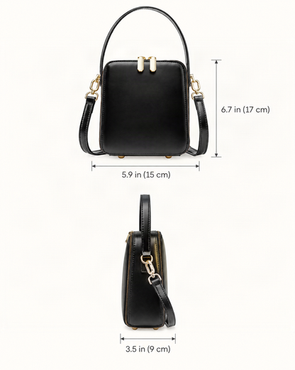 Cowhide Leather Micro Box Bag Top Handle Crossbody dimensions diagram, in inches and centimetres