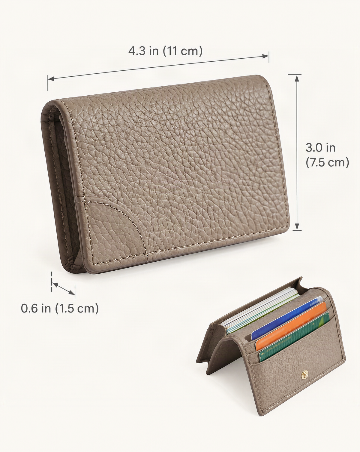 Cowhide Leather Mini Bifold Card Holder Wallet dimensions diagram, in inches and centimetres