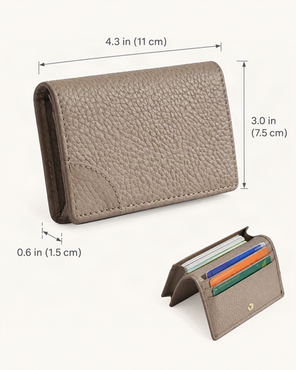 Cowhide Leather Mini Bifold Card Holder Wallet dimensions diagram, in inches and centimetres