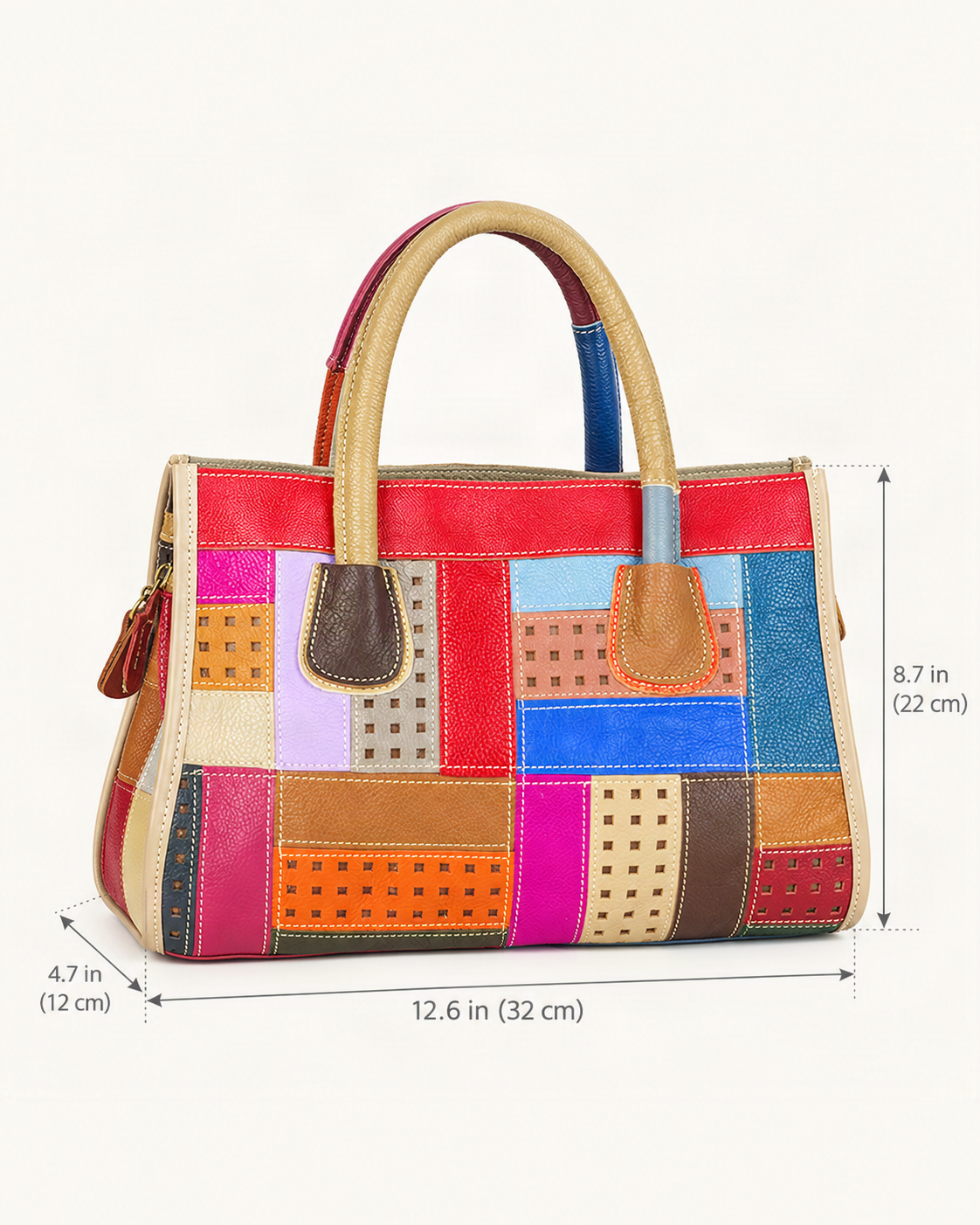 Top-Grain Cowhide Small Plus Patchwork Shoulder Bag dimensions diagram, in inches and centimetres