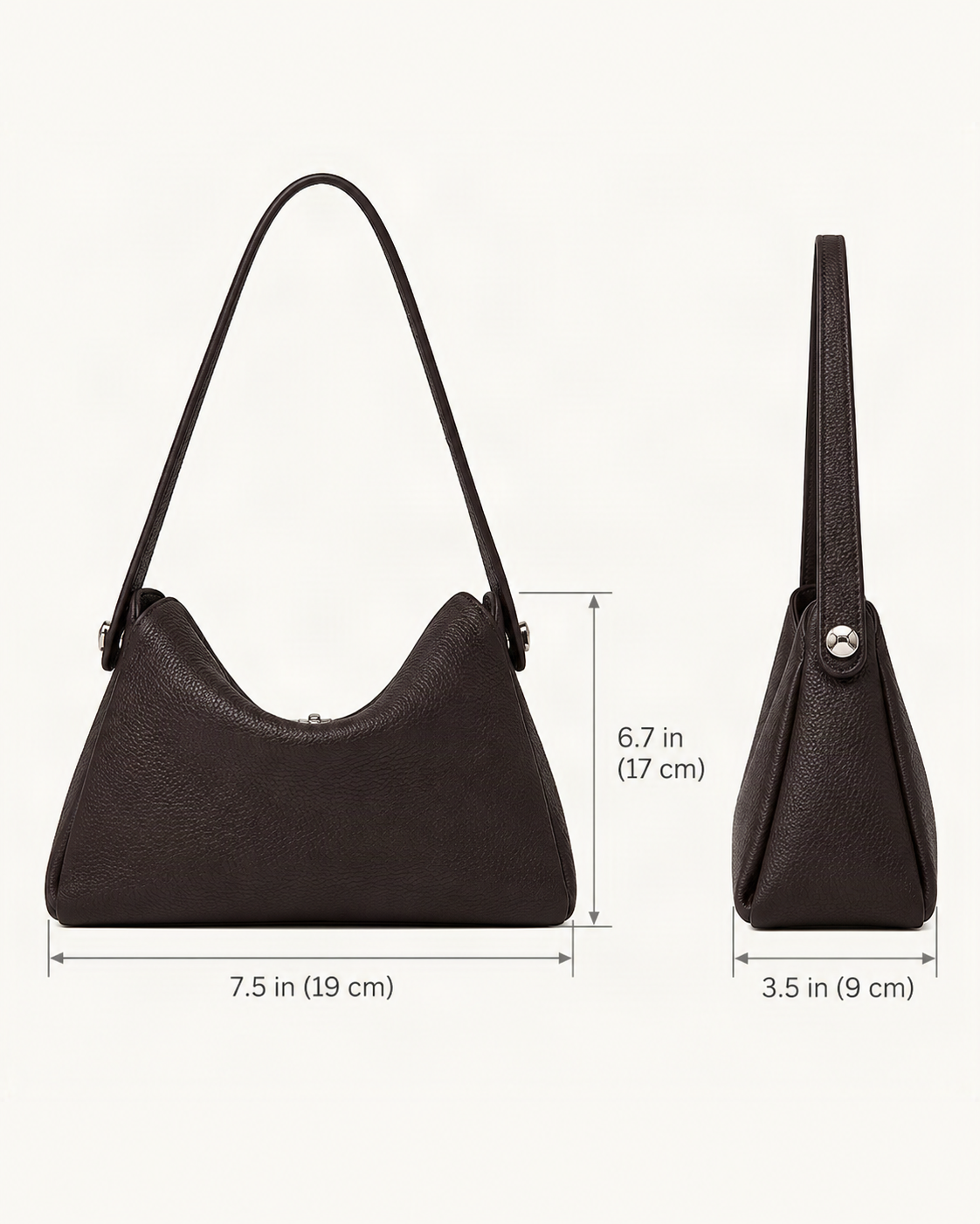 Pebbled Cowhide Leather Underarm Crossbody Bag dimensions diagram, in inches and centimetres