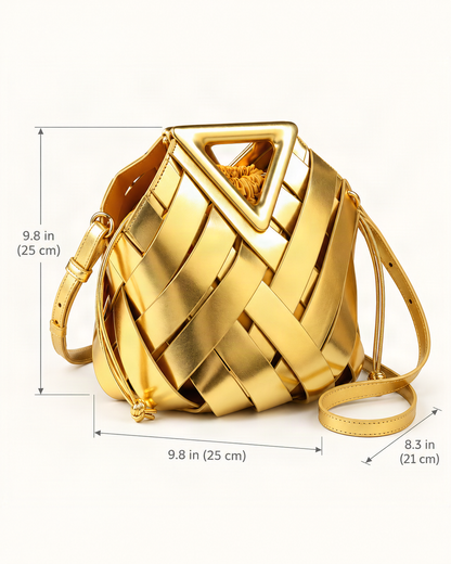 Leather Small Woven Bucket Bag dimensions diagram, in inches and centimetres