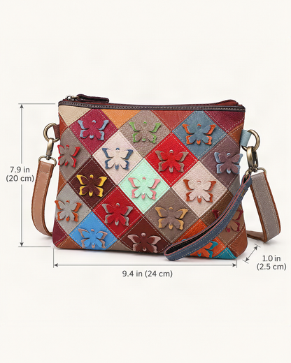 Top-Grain Cowhide Small Shoulder Bag – Multicolor Patchwork dimensions diagram, in inches and centimetres