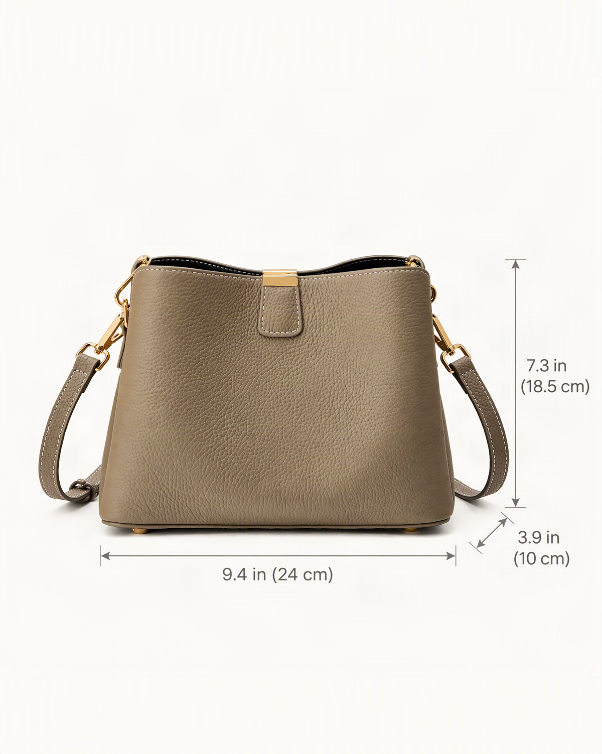 Cowhide Leather Crescent Bucket Bag dimensions diagram, in inches and centimetres