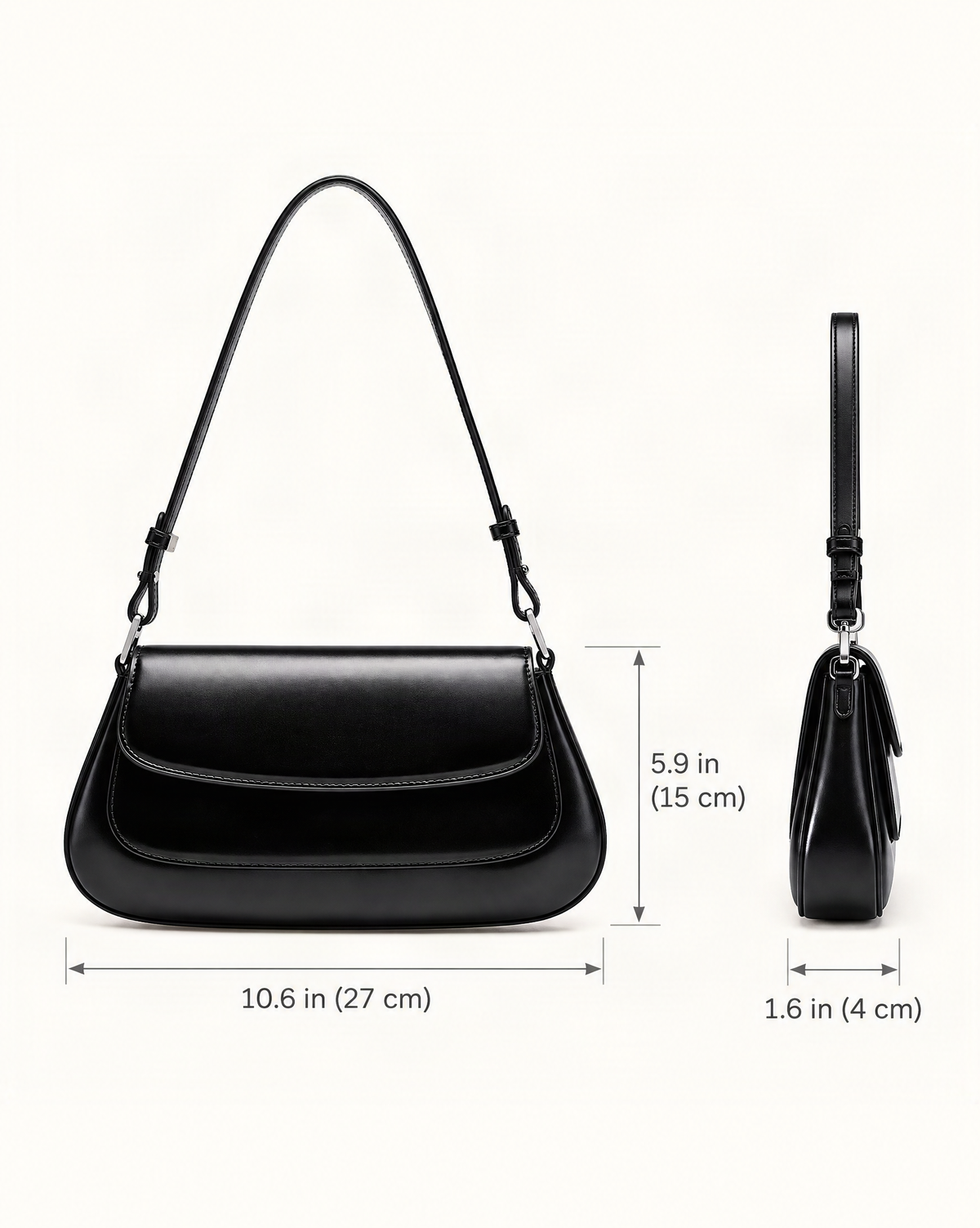 Genuine Cowhide Leather Baguette Shoulder Bag dimensions diagram, in inches and centimetres