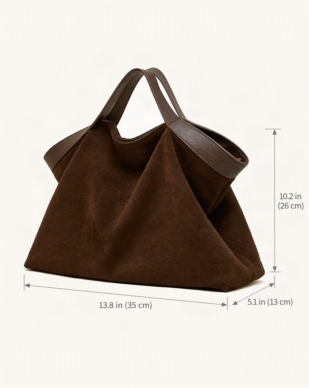 Cowhide Nubuck Leather Crossbody Tote Bag dimensions diagram, in inches and centimetres