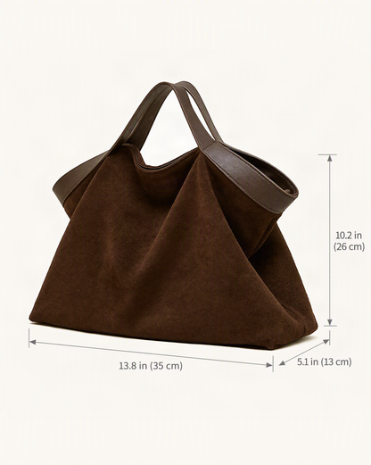 Cowhide Nubuck Leather Crossbody Tote Bag dimensions diagram, in inches and centimetres