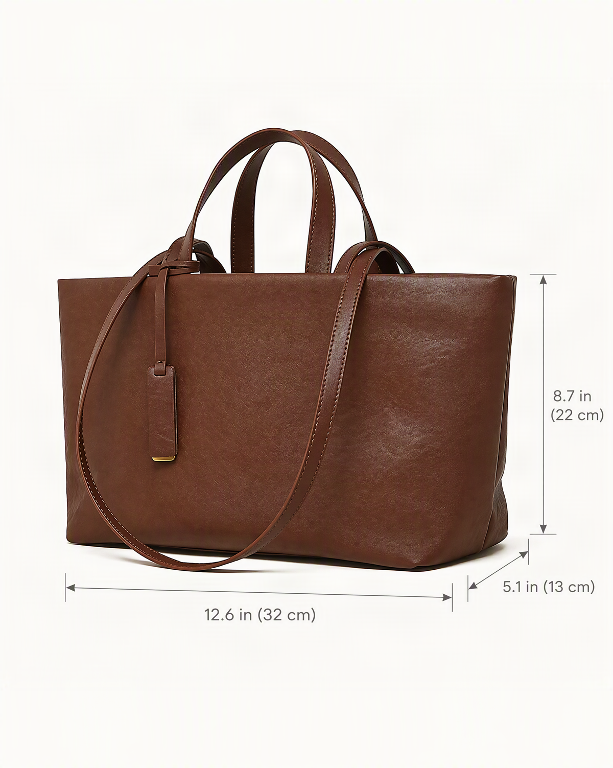 Cowhide Leather Tote Bag with Crossbody Strap dimensions diagram, in inches and centimetres