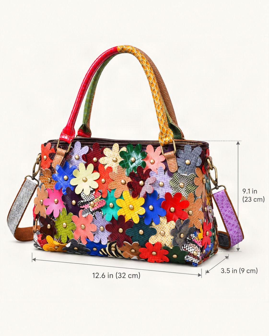 Leather Small Plus Shoulder Bag – Multicolor dimensions diagram, in inches and centimetres