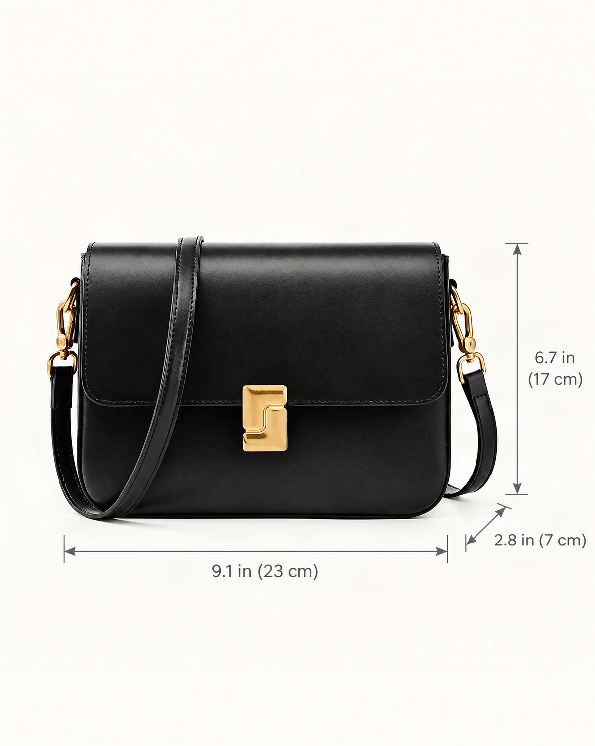 Cowhide Leather Small Crossbody Bag with Turn-Lock Closure dimensions diagram, in inches and centimetres